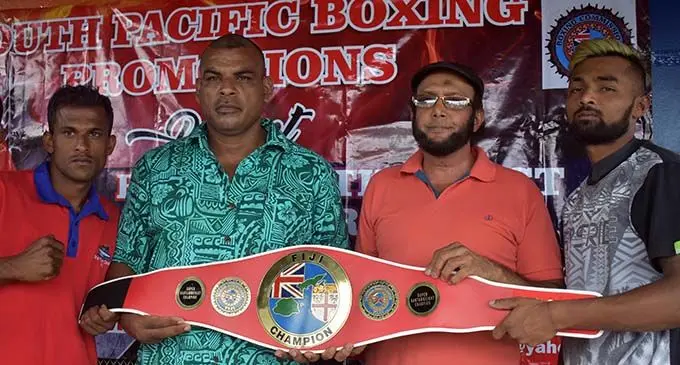 Shamal Ramanuj, promoter Freddy Chand, BCF director Usman Lale Ali and Rahul Kumar during the press conference in Martintar, Nadi on March 13, 2019.  Photo: Waisea Nasokia