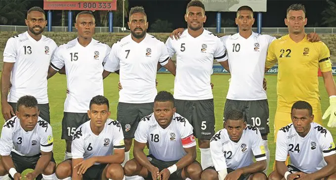 Vodafone Fijian football team who beat New Caledonia 3-0 (Back from left) Malakai Rakula, Ame Votoniu, Samuela Drudru, Rusiate Matererega, Nicholas Prasad, Beniamino Mateinaqara. (Front from left) Kavaia Rawaqa, Zibraaz Sahib, Laisenia Raura, Kishan Sami, Dave Radrigai during the FIFA Invitational Friendly against New Caledonia at the ANZ Stadium, Suva on March 18, 2019.. Photo: Simione Haravanua