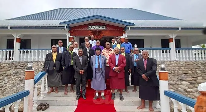Tui Vitogo, Ratu Wiliame Sovasova (front row, middle) with various church leaders at the new Chiefly House at Vitogo Village in Lautoka. Photo: Mereleki Nai