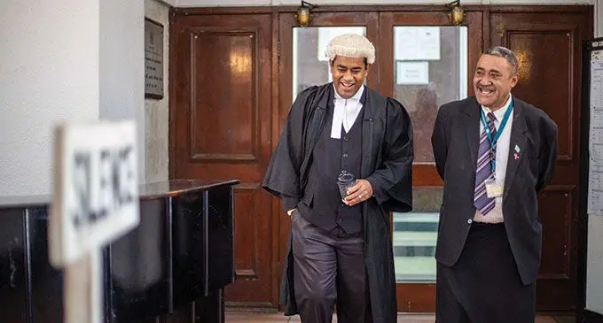 SODELPA Member of Parliament, Tui Namosi, Ratu Suliano Matanitobua (right) alongside his legal counsel Filimoni Vosarogo at the High Court in Suva on June 20, 2022. Photo: Leon Lord