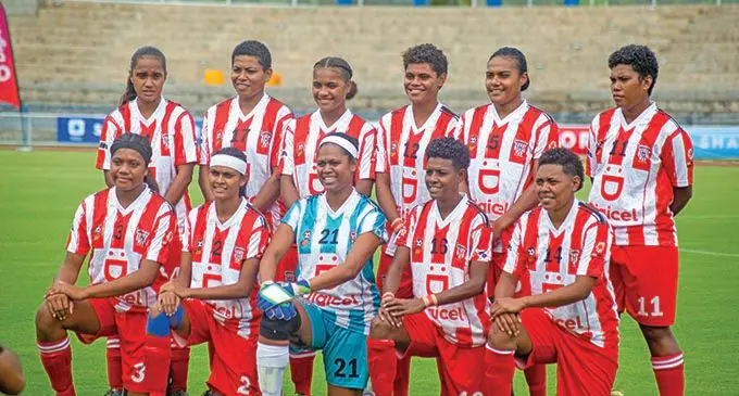 Labasa Women’s footbal team (Kneeling, from left) Laite Matebalavu, Shayal Sindhika, Matelita Vuakoso, Sofi Diyalowai, Unaisi Tuberi. (Standing, from left) Sonia Alfred, Viniana Simmons, Adi Volitikoro, Anasimeci Volitikoro, Selai Nai, Jotivini Tabua at the ANZ Stadium, Suva on March 13, 2021. Photo: Leon Lord