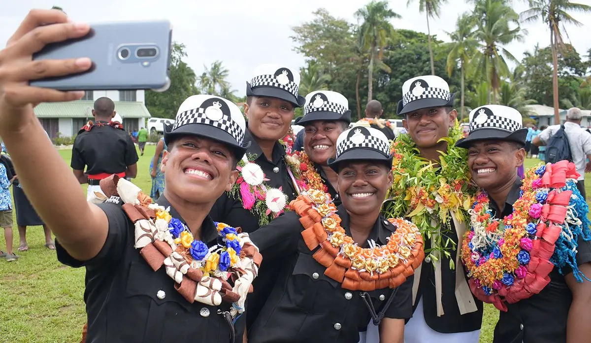 Capturing the moment…Miliana Qasi (from left), Loloma Yalimaiwai, Ilisapeci Tabeyaweni, Vunise Mataiwai, Alena Caginatuba and Sera Lesa they successfully pass out from Police Pass-out parade at Nasova Police Academy on October 18, 2019. Photo: Ronald Kumar.