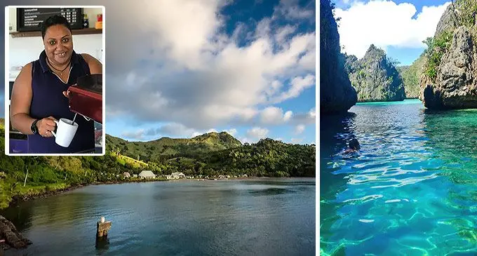 Totoya Island Bay, Lau. Qilaqila, Vanuabalavu, Lau. Photo: Atelaite Cama. Inset: Criminal lawyer, Vuli Savou, at her latest acquisition - Gloria Jean’s Thurston Street franchise, Suva, which also serves kava and Fijian cuisine. Photo: Frederica Elbourne