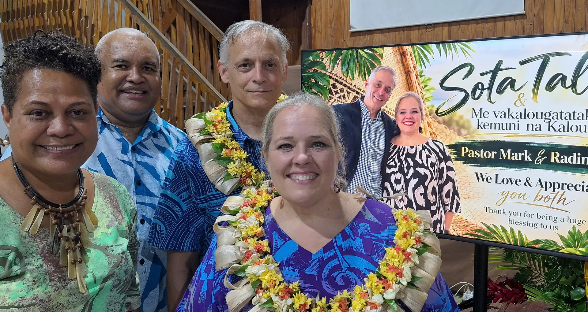From left: Pastor Thomas Valentine and Pastor Mark Gardner, with Maria Valentine and Kim Gardner during the farewell at the American School hall in Nadi on October 3, 2026. 