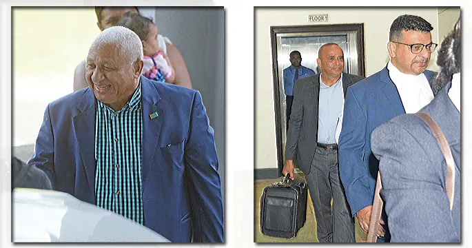 Former Prime Minister Voreqe Bainimarama & Suspended Police Commissioner Sitiveni Qiliho outside the High Court in Suva on February 29, 2024. Photo: Ronald Kumar