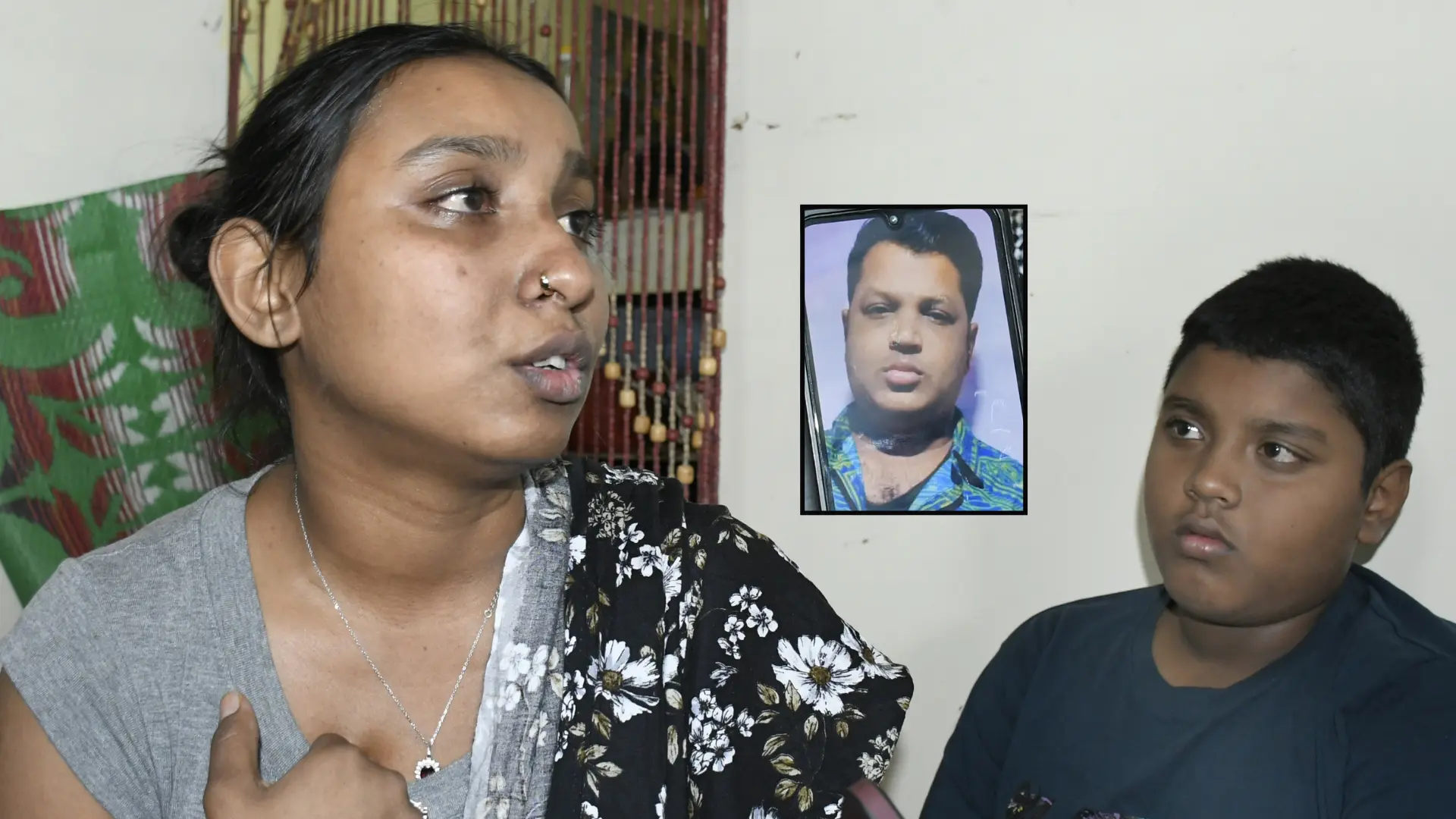 Sinal Chand, widow of later Suva City Council worker Ritnesh Chand (inset) with son Riyaan Chand demands to know how her husband died while at work on July 2, 2026. 