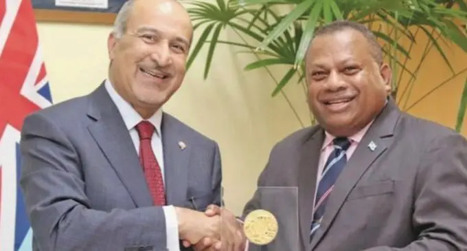 Non-resident Ambassador of the State of Kuwait to Fiji Ahmed Salem Alwehaib with Minister for Defence, National Security and Foreign Affairs, Inia Seruiratu. Photo: DEPTFO News