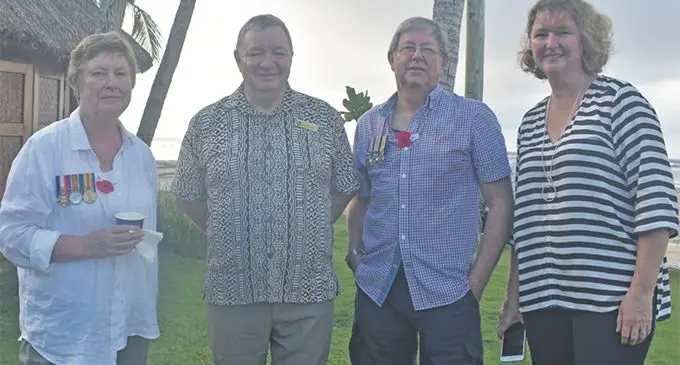 Frances Michael, acting general manager of the Outrigger Fiji Beach Resort,Russell Blaik, Malcolm Michael, Jenn Warner during the ANZAC Day on April 25, 2019. Photo: Mereleki Nai