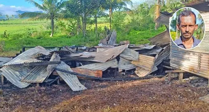 The remains of Dharmendra Prasad’s (inset) house at Waiqele, Labasa after it caught fire on February 14, 2025. Photo: Shratika Naidu