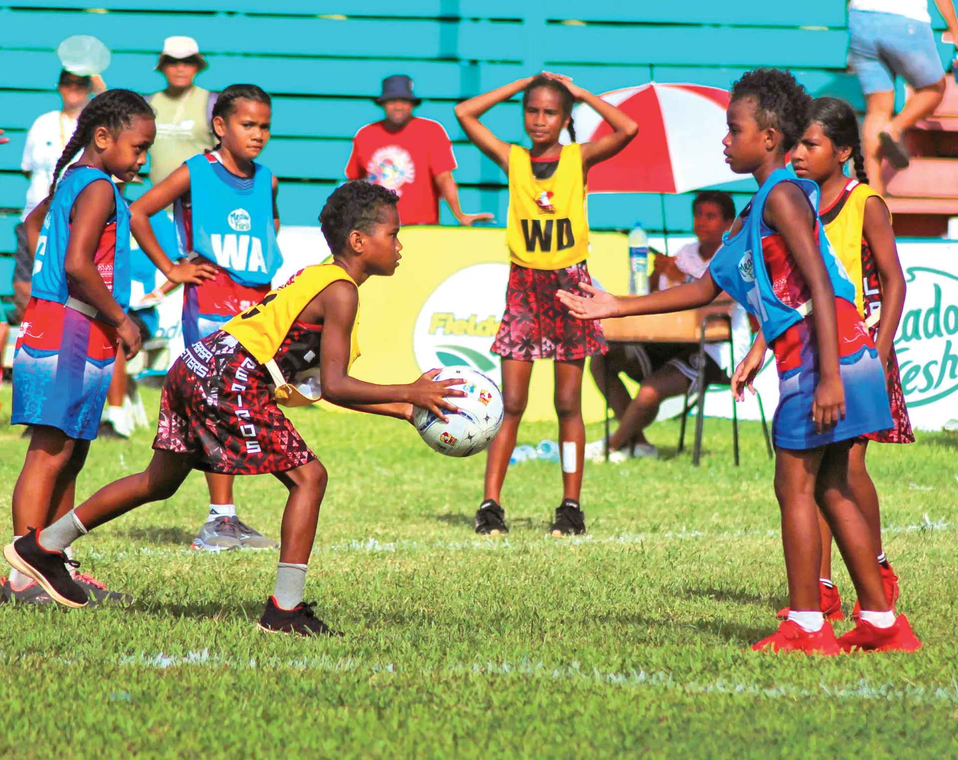 Nasinu Under-10 players battle against Labasa (in red) at Subrail Park, Labasa, on April 29, 2026  