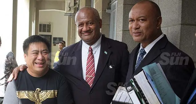 Freesoul Real Estate Development (Fiji) PTE Limited owner Dickson Peng, Freesoul Real Estate Development (Fiji) Pte Limited project officer Saula Sovanivalu with their lawyer David Toganivalu outside court on March 30, 2021. Photo: Ronald Kumar
