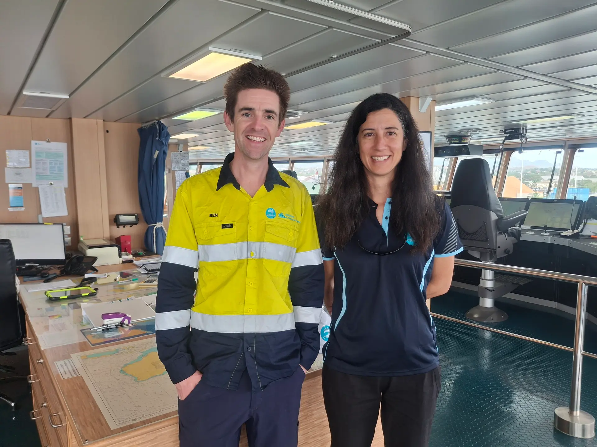  Physical oceanographer and climate scientist Dr Beatriz Peña-Molino with a marina ecologist, Dr Ben Arthur, in their research vessel at the Lautoka wharf.
