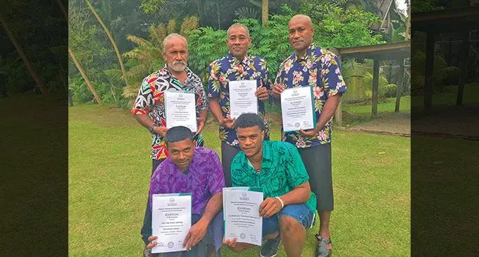 Standing from left: Josua Manueli, Tuisani Toaisi and Simione Bakani; (front) Ratu Jale Vukailagi (left), and Joni Ratukoroi areamong the first batch of students to graduate from the Fiji National University TVET programme at the Vocational Centre atRobertson Road in Suva on September 15, 2023. Photo: Sosiveta Korobiau