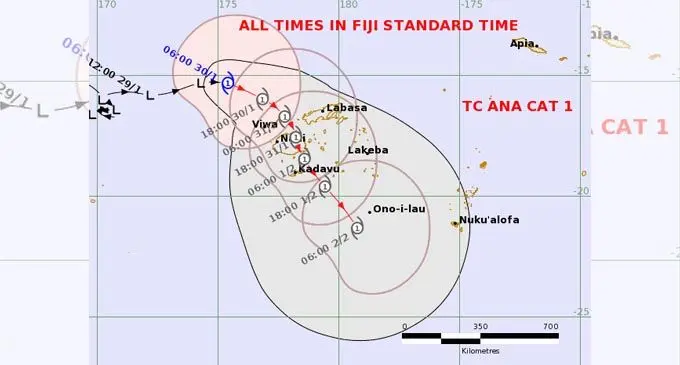 Forecasted track map for Tropical Cyclone Ana at 8am today, on 30th January, 2021