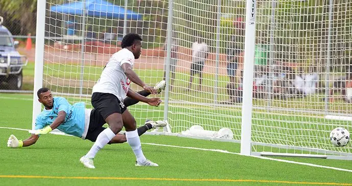 Suva goalkeeper Emori Ragata is beaten as they take on Lautoka at the Uprising Sports Centre in Pacific Harbour, Deuba. Lautoka are the defending IDC champions. 