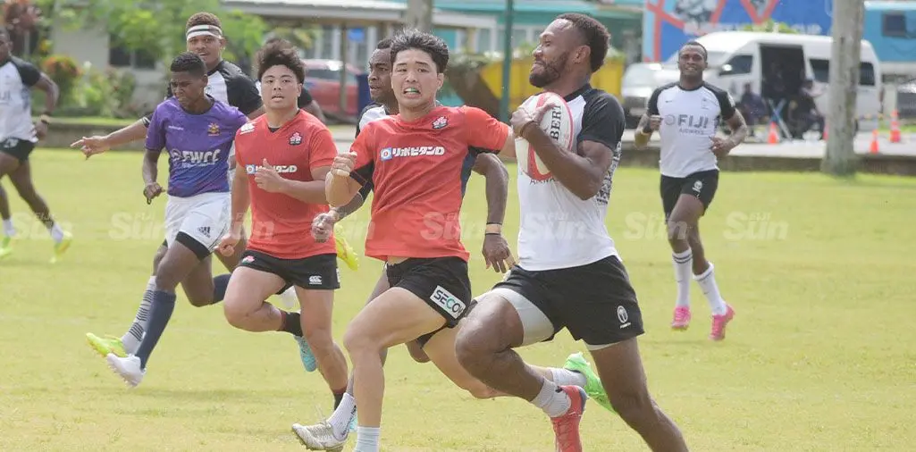 Fiji men’s rugby sevens winger Ioane Teba on the run against Japan during their warm-up matches on April 19, 2024. Photo: Ronald Kumar 
