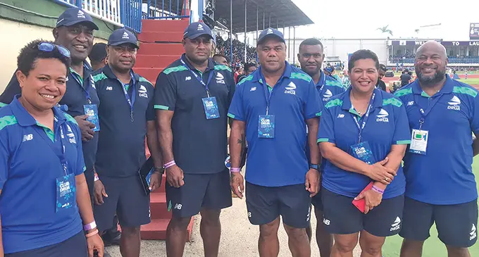 People behind the scene... Rooster Chicken Fijiana Drua head coach Senirusi Seruvakula (fifth from left), assistant coach Inoke Male (second from left), assistant coach Mike Legge (right and team manager Talei Thomas (second from right) at Lautoka’s Churchill Park on May 28, 2022. Photo: Sereana Salalo
