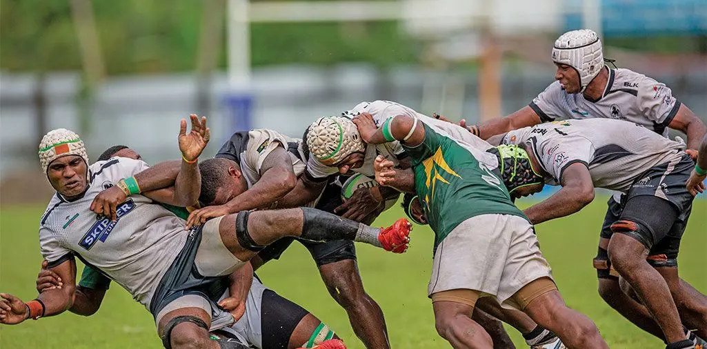 Tough Nadroga No.8 Jioji Kunavula is taken down by the Tailevu defence during their Skipper Cup clash at Ratu Cakobau Park, Nausori, on April 6, 2024. Photo: Leon Lord