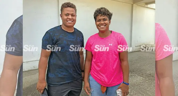 Rooster Chicken Fijiana Drua forwards Vika Matarugu (left) and Jiowana Sauto in Labasa town, on May 16, 2022. Photo: Shratika Naidu