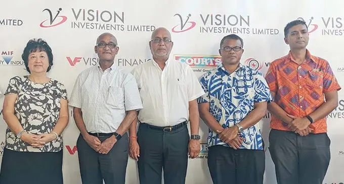  From left: Vision Investments Limited chief executive officer PL Munasinghe, independent director Jenny Seeto, chairman Dilip Khatri,  directors Suresh Patel and Suliano  Romanu, and company secretary Niraj Bhartu on September 25, 2020. Photo: Lusiana Tuimaisala