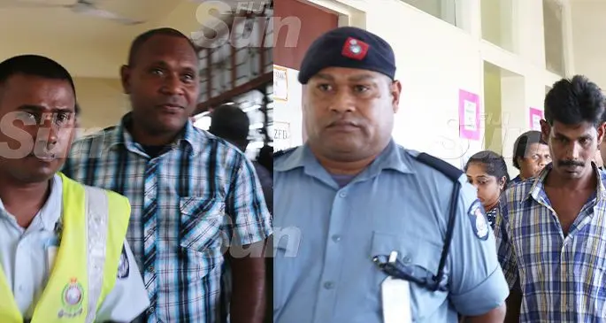 From left Eremasi Tikomailautoka escorted by a Police officer at the Nausori Magistrates Court and Shalen Jattan on October 14, 2019.