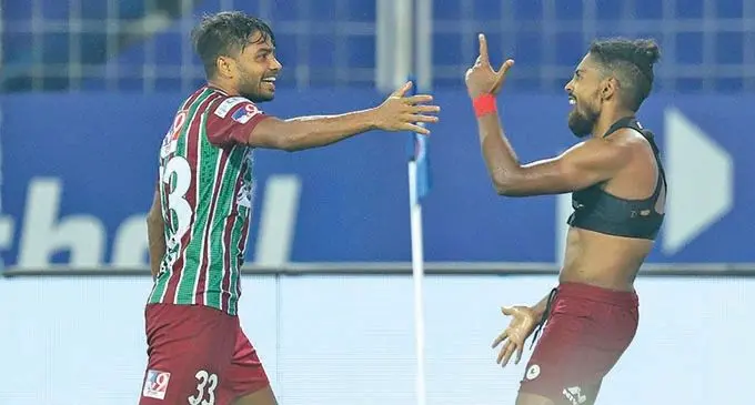 Hero of the match, Roy Krishna (right) celebrates with a teamte after scoring  his second and winning goal for ATK Mohun Bagan at Fatorda Stadium on January 31, 2021. Photo: Indian Super League
