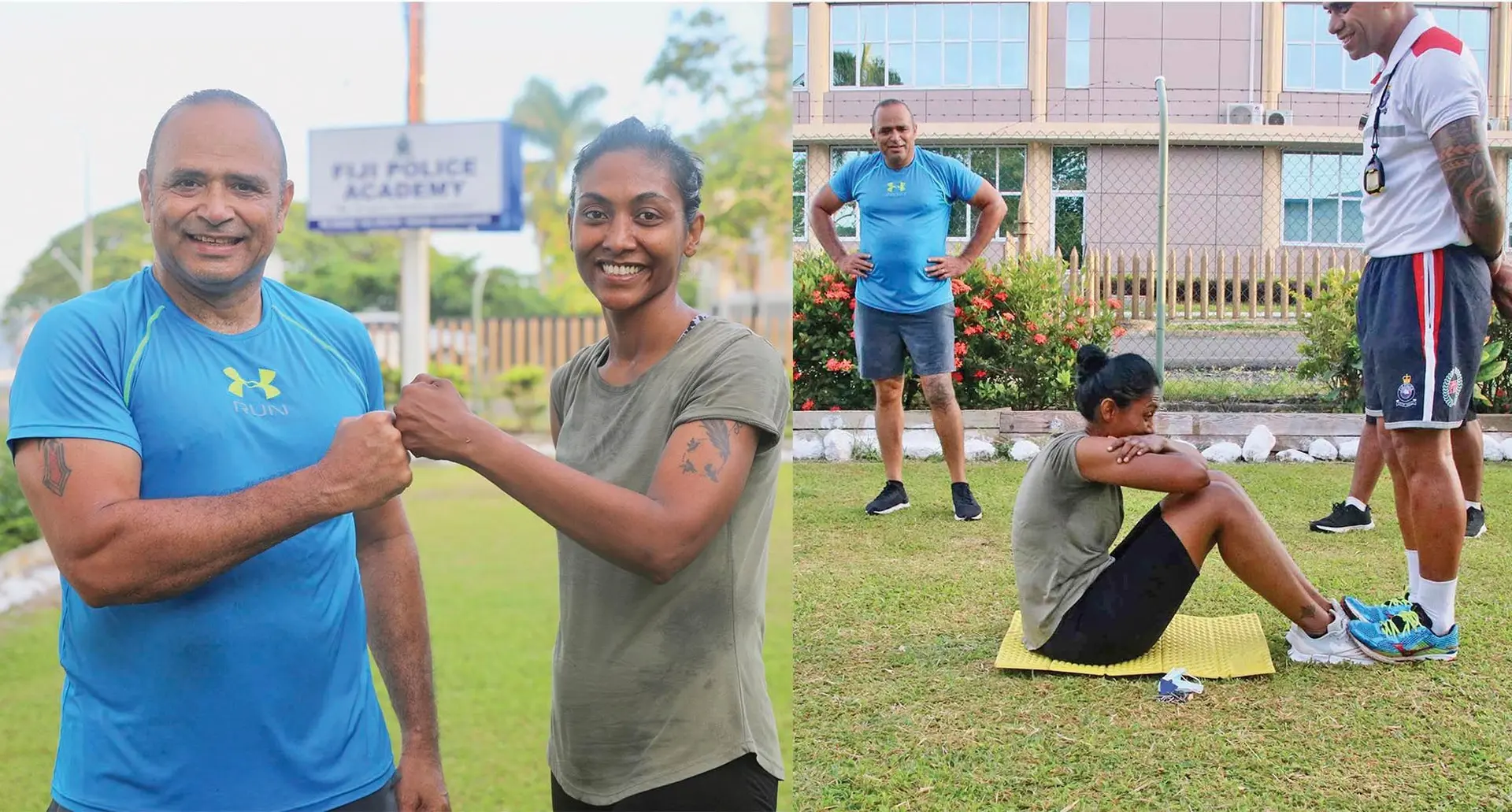 Pictures 1 Police Commissioner Brigadier-General Sitiveni Qiliho with Sergeant Sharmila Lata after the required fitness test in Suva on October 29, 2021.  Picture 2: Sergeant Sharmila Lata during her required fitness test. Photo: Fiji Police Force