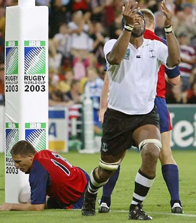 Flying Fijians lock Api Naevo celebrates after scoring the winning try against USA during the pool game of the 2003 Rugby World Cup at Suncorp Stadium, Brisbane, Australia, Fiji won 19-18. Photo; World Rugby