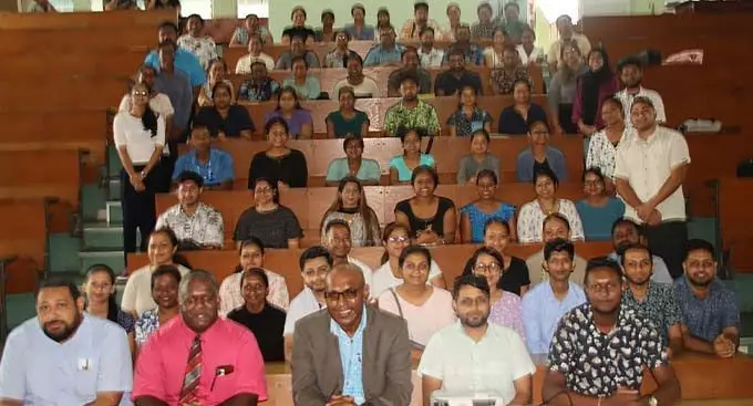 Minister for Health and Medical Services, Doctor Atonio Lalabalavu (middle) with the Colonial War Memorial Hospital’s medical interns.
