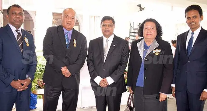 From left: Justice Daniel Goundar, Justice Salesi Temo, Acting Chief Justice Kamal Kumar, former Magistrate Makereta Hiagi Mua and Chief Registrar Yohan Liyanage following the 50th anniversary of Independence commemorative medal investiture ceremony at State House in Suva on October 14, 2020. Photo: Ronald Kumar