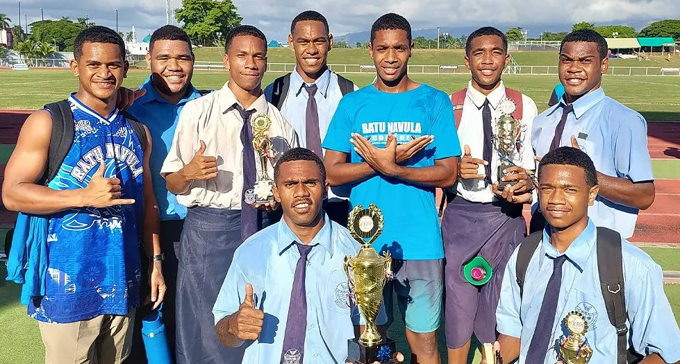 Ratu Navula College athletes and coaches with their trophies after winning Nadi Zone boy’s title at Churchill Park, Lautoka, on April 12, 2024. 