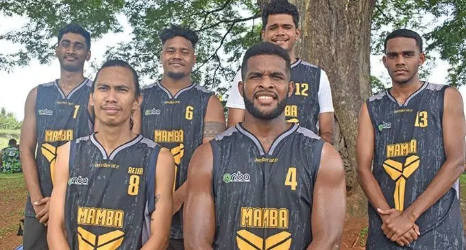 Mamba at the NBA Easter Championship at the Fiji Airport hard court. Front (from left) Andrew Reyes, Alipate Bolabasaga. Back (from left) Shahil Singh, Bradley Seiya, Alipate Bola, Eoni Laqari  . Photo: Waisea Nasokia