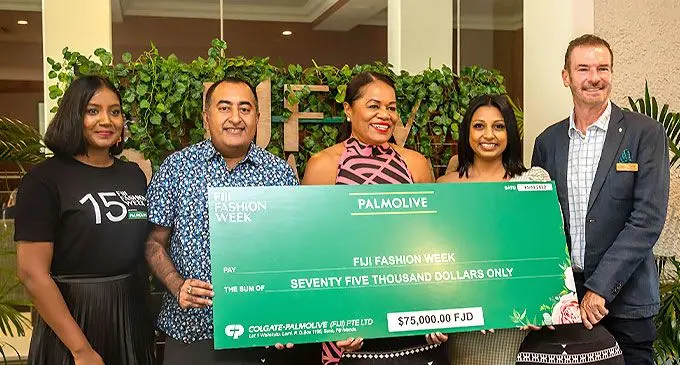 From left: Fiji Fashion Week brand ambassador Evlyn Mani, Colgate-Palmolive (Fiji) Ltd general manager Hiten Lal, Fiji Fashion Week managing director Ellen Whippy-Knight, Colgate-Palmolive Fiji, Pacific marketing manager Jyotika Devi and Intercontinental Hotel Group Area General Manager - South Pacific Lachlan Walker, at Grand Pacific Hotel on March 15, 2022. Photo: Leon Lord