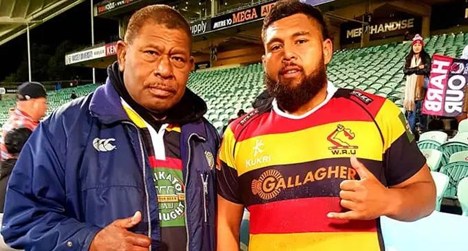 Former Flying Fijians captain Joeli Veitayaki with son Haereiti Hetet.