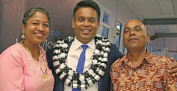 Medivisor India Treatment Director Kumar Sushant with a Fiji patient Hari Krishna and wife Parmila Devi during the musical night in Suva on April 1, 2023. Photo: Wati Talebula-Nuku
