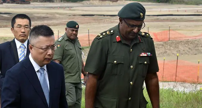 Republic of Fiji Military Forces Deputy Commander Brigadier General Mohammed Aziz escorts the Ambassador of the People’s Republic of China to Fiji, Qian Bo, to the Black Rock Camp in Nadi on September 10, 2019, to meet the RFMF personnel who will undergo pre-deployment training. Photo: Salote Qalubau