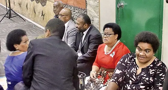 From right: Roko Tupou Draunidalo with FijiFirst Government MPs, Assistant Minister for iTaukei Affairs Selai Adimaitoga, Minister for Health and Medical Services Dr Ifereimi Waqainabete, Minister for Infrastructure and Meteorological Services and Minister for Lands and Mineral Resources Jone Usamate and Assistant Minister for Rural and Maritime Development and Disaster Management Jale Sigarara during the Lau Provincial Council meeting at Studio 6 Apartments on June 1, 2022.  Photo: Inoke Rabonu