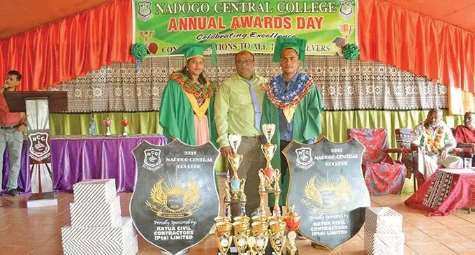 Nadogo Secondary School Outstanding Student of the Year Vandhana Devi, principal Mohammed Khan and the dux Soheel Kumar