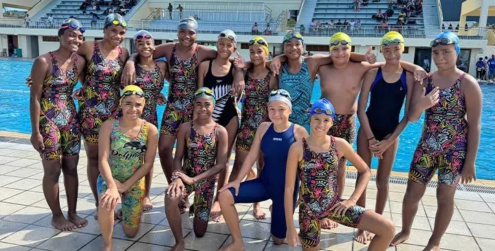 Drasa Avenue School (DAS) female swimmers following their warm-up at the Damodar Aquatic Centre, Suva on May 29, 2025. DAS are the defending champions in the primary school division. Photo: Sereana Salalo-Baleiwai. 
