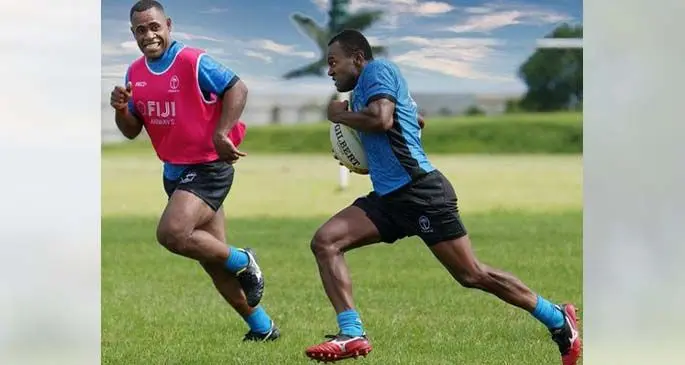 Fijian 7s training squad members Livai ikanikoda and Alasio Naduva (with ball) during training. Photo: Much of Life