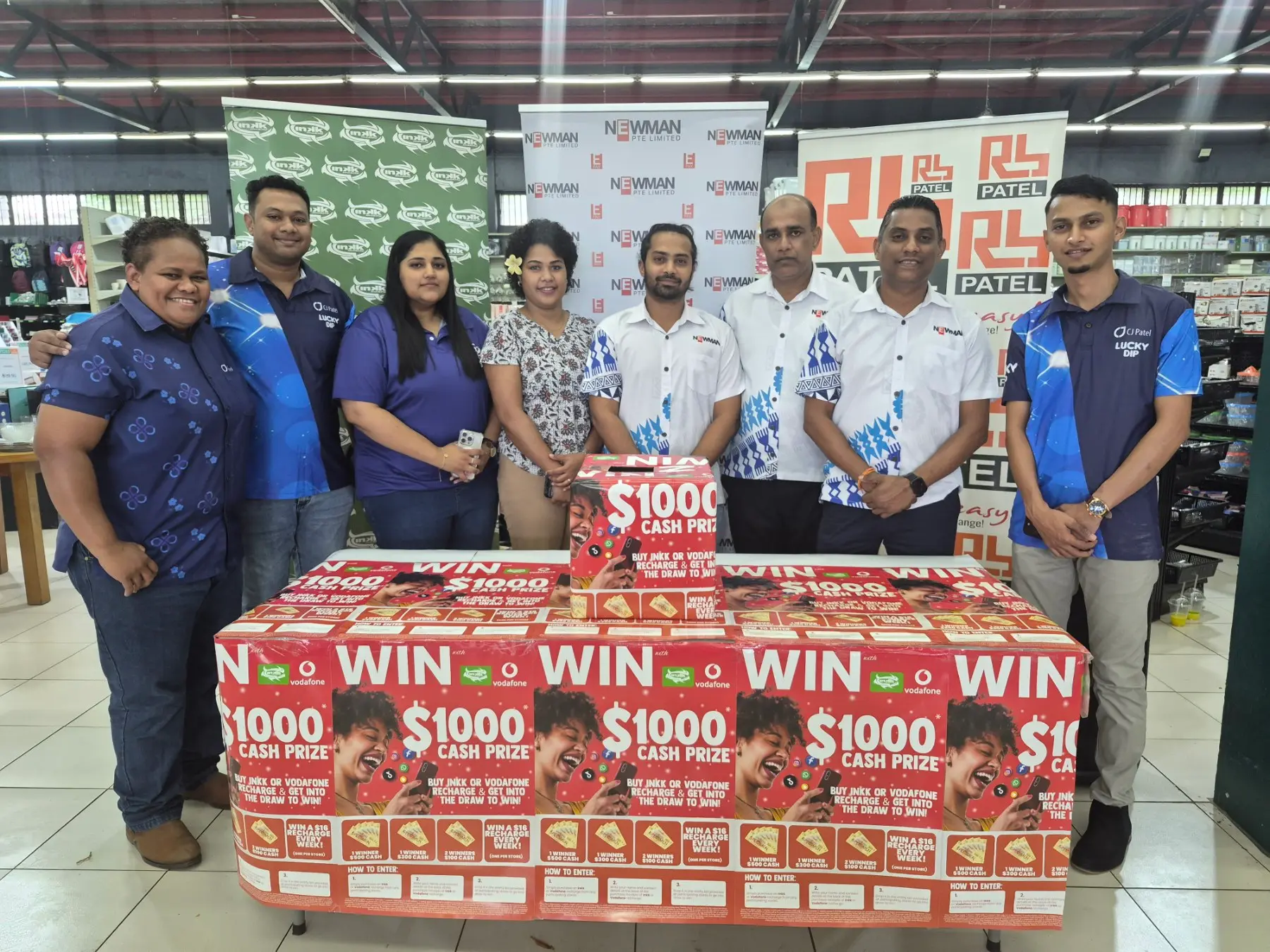 Newman Pte Ltd has wrapped up a three-month Vodafone and INKK recharge promotion, giving away $1,000 in cash prizes to customers who shopped at RB Patel and MHCC stores in Suva.