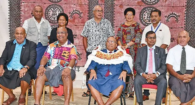 Sitting (from left): iTaukei Affairs Minister Ifremi Vasu, Deputy Prime Minister Manoa Kamikamica, Prime Minister Sitiveni Rabuka, Deputy Prime Minister Biman Prasad with newly appointed Fijian Indigenous Business Council (FIBC) chairman Ulai Taoi. Standing back (from left): FIBC board members Sowani Tuidroka, Elisa Waqa, Moala Nata, Meresaini Balailevuka and Kenijoji Sokosoko during the workshop at Habour Point in Lami on May 29, 2024. Photo: Ronald Kumar