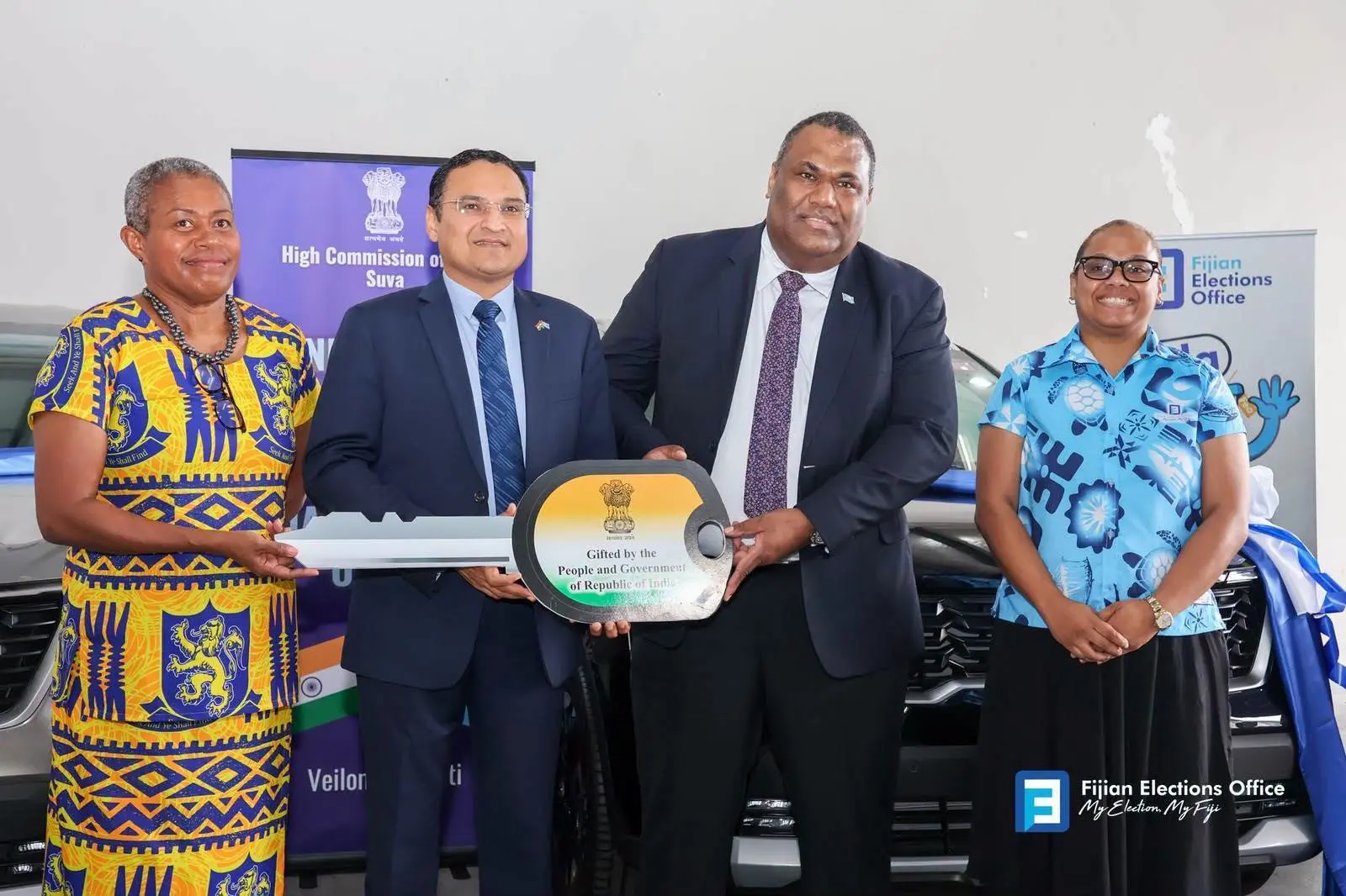 The Justice Ministry permanent secretary, Selina Kuruleca, His Excellency, High Commissioner of the Republic of India to Fiji Shri Suneet Mehta, chairperson of the Electoral Commission of Republic of Fiji, Justice Usaia Ratuvuli, Supervisor of Elections, Ana Mataiciwa on August 7, 2026. 