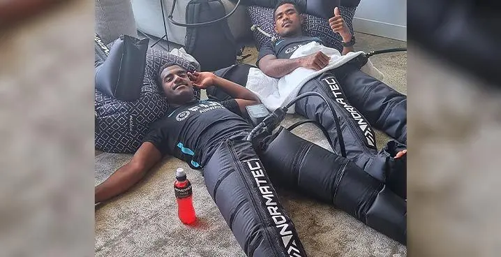 Fiji Airways Fijian players (from left) Pilipo Bukayaro adn Josese Batirerega during the team’s recovery session in Sydney, Australia, on January 25, 2023. Photo: FRU Media