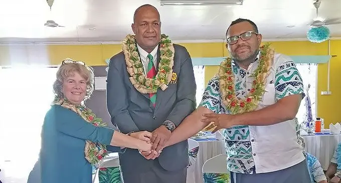 From left: Asia Development Bank private sector deputy director general, Cathy Marsh, Republic of Fiji Military Forces Commander Joint Task Force (CJTF) Brigadier-General Manca Gadai, and Fiji National Provident Fund chief investor officer Saune Naibuka after signing memorandum of understanding at the Navoci Village in Nadi. Photo: Mereleki Na