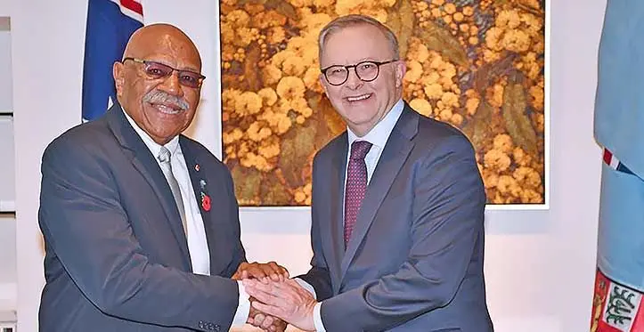 Prime Minister Sitiveni Rabuka with Australian Prime Minister Anthony Albanese after signing the renewed Vuvale partnership. Photo: DEPTFO