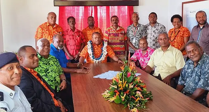 (In garland) Minister for Rural and Maritime Development, Inia Seruiratu, with Macuata provincial council officials, district reps, village representatives, community police and residents of the nearby Wainikoro area on August 12, 2022. Photo: Sampras Anand