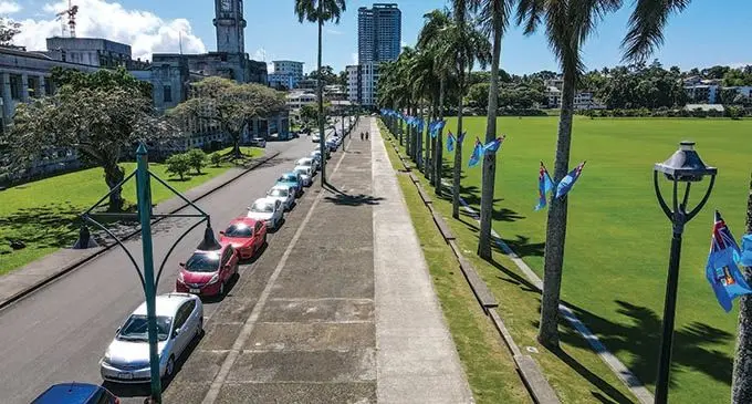 Fiji flags pinned on palm trees lining Albert Park along Constitution Avenue and Victoria Parade in Suva. Photo: File