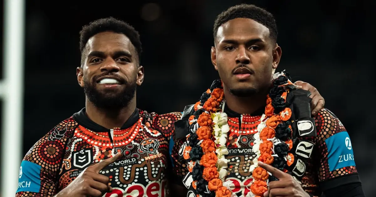 Sunia Turuva (left) with teammate and West Tigers debutant Solomone Saukuru 