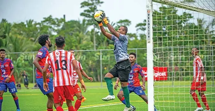 Veteran Labasa goalkeeper Simione Tamanisau makes a save against Navua in their Digicel Fiji Premier League clash at Uprising Sports Centre in Pacific Harbour, Deuba, on April 23, 2023. Photo: Leon Lord.
